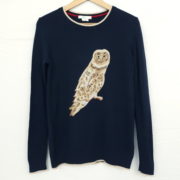 Boden Owl Sweater Cashmere Sequin Navy 